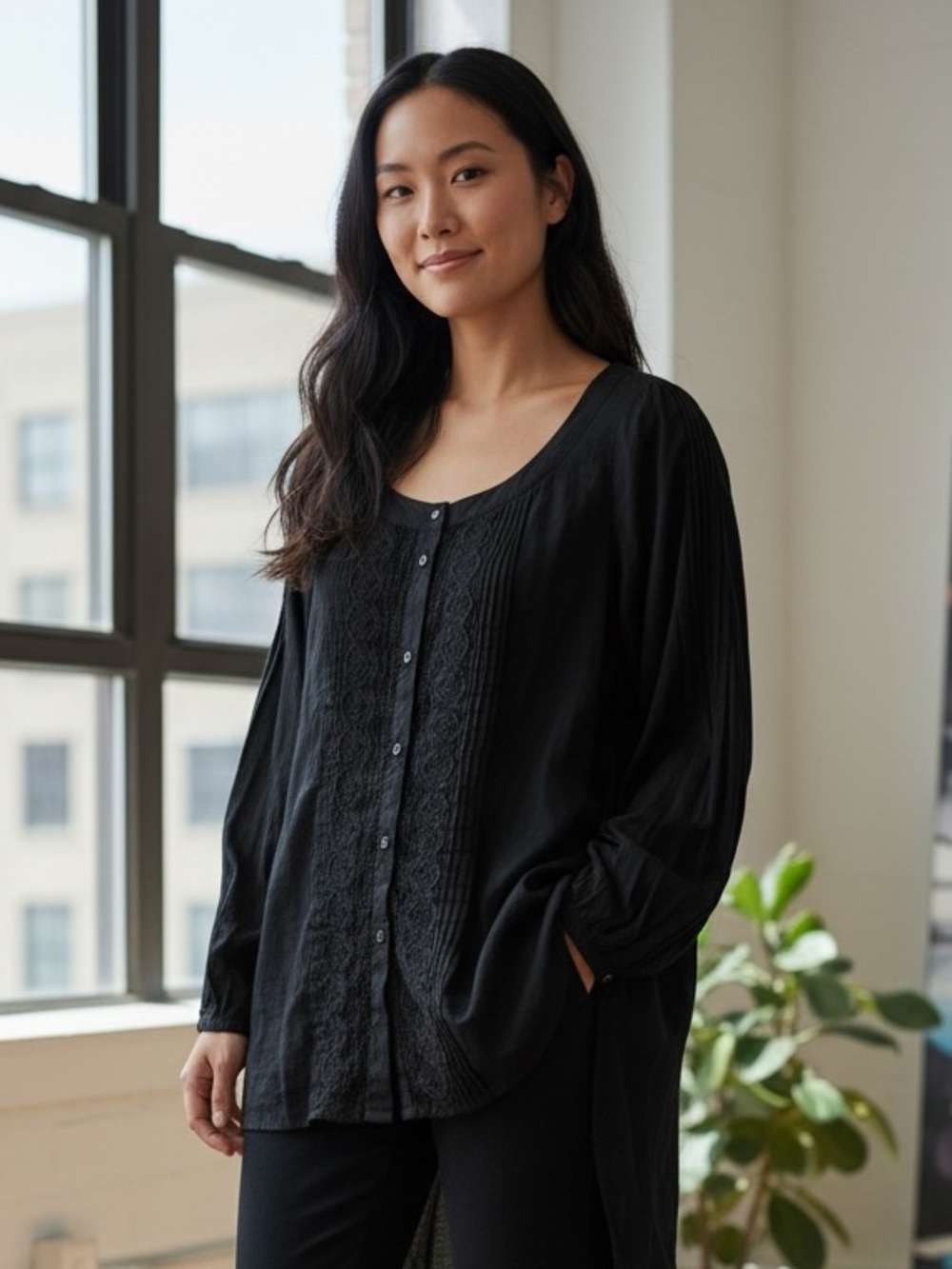 Free People Womens Size Small Black Sheer Lace Front Longsleeve Blouse Scoopneck